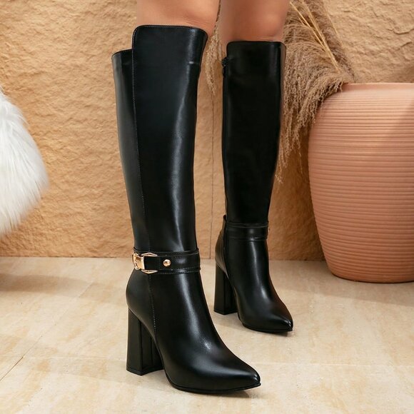 sleek Black Pointed Toe Chunky Heel Women's contemporary Dress Boots - Picture 5 of 6